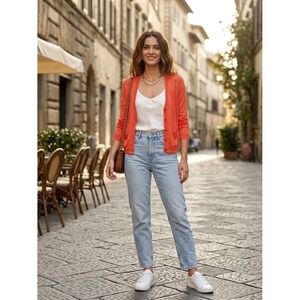 Max & Co Coral Orange Pointelle Mesh V-Neck Cardigan Sweater Small 834114340003